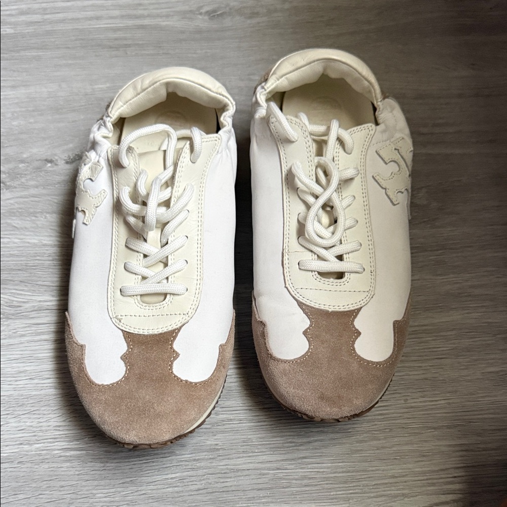 Tory Burch Cream and Taupe Suede-Trim Sneakers